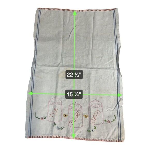 Tea Sugar And Coffee Jar Vintage Embroidered Kitchen Towel Cottage Core SEE - Picture 4 of 5